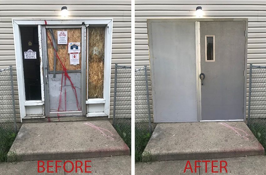 Before-And-After View of a Damaged Commercial Entry Door Upgraded for Security in Edmonton, AB