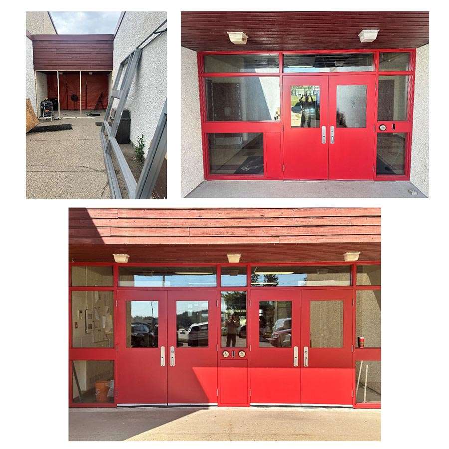 A Before and After Entry Opening Repaired with Red Doors in Edmonton, AB
